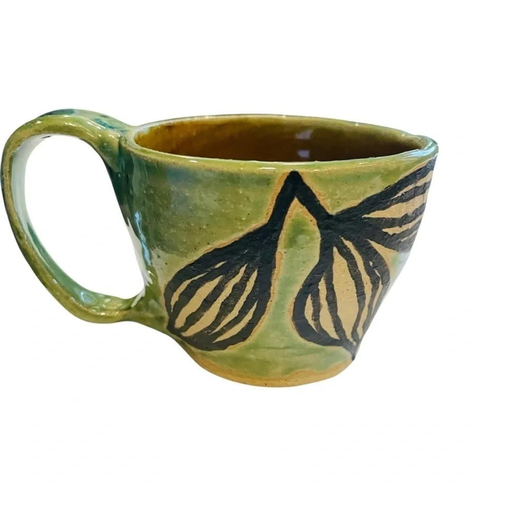 Handmade Signed Studio Art Pottery Mug Green Black Botanical Leaf Design 2.5